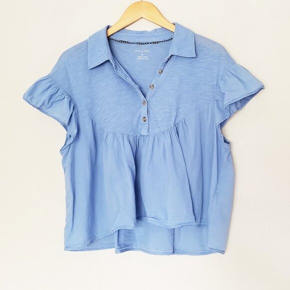 Anthropologie Pilcro Flutter-Sleeve Babydoll Top Wedgewood Blue Cotton $70 India - Picture 4 of 14